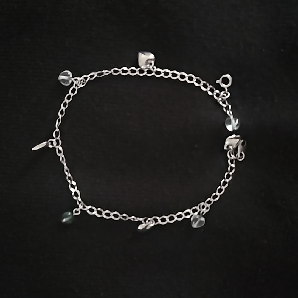 Silver Avon 9" anklet with dangly green, blue, & silver heart shaped beads - Picture 7 of 8